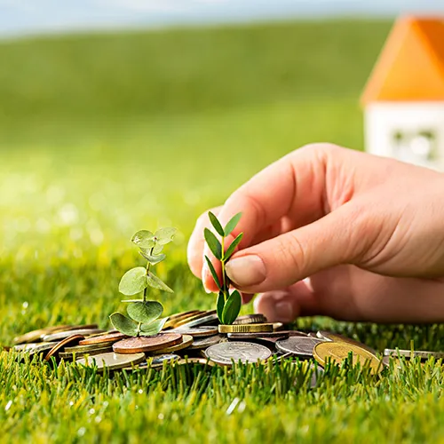Hand planting seeds in investment property plans.