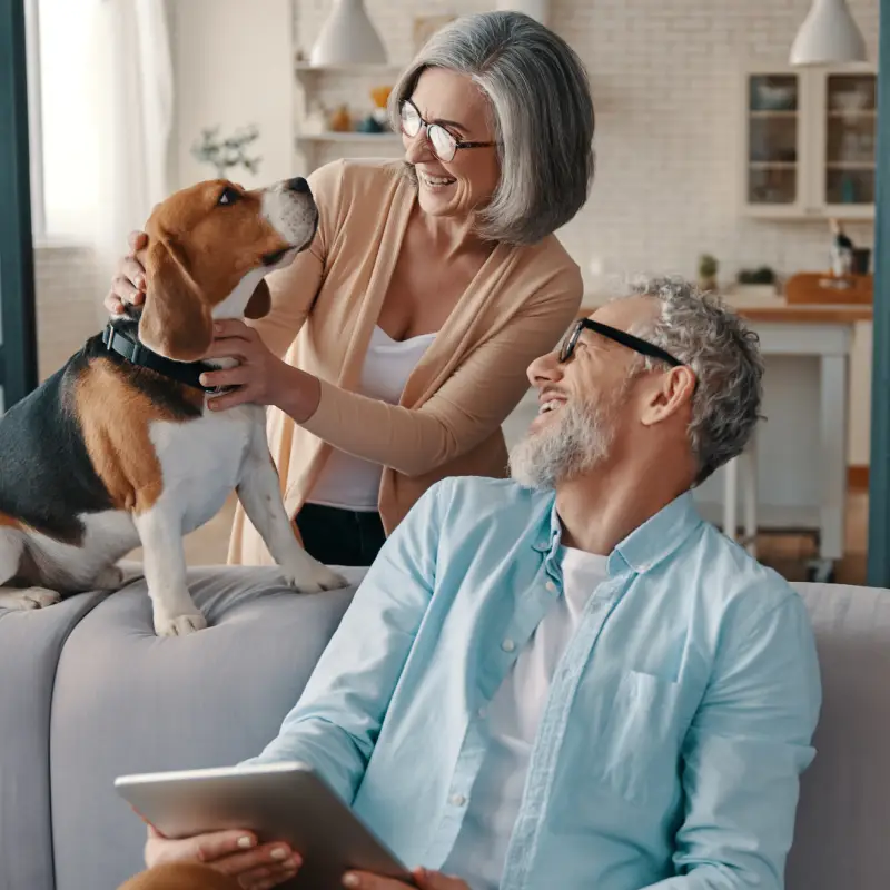 Middle aged Couple patting family dog while applying for investment loan