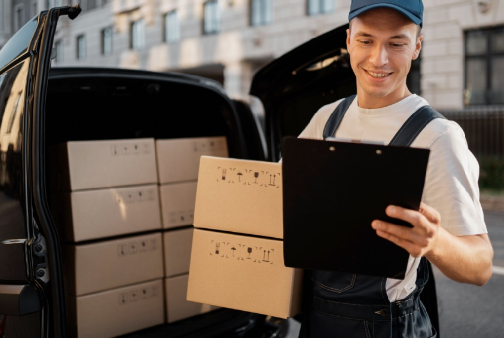 Self-employed delivery driver with van reviewing paperwork for home loan application